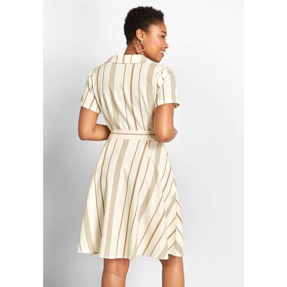 MODCLOTH Sweet Surprise Faux-Wrap Dress Ivory Brown Striped - Sz 4 - NWT - Picture 3 of 5